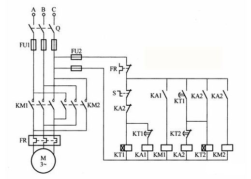 電動機正反轉(zhuǎn)糾偏(時間繼電器)控制電路接線圖