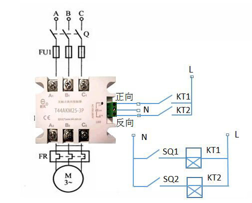 無觸點正反轉(zhuǎn)接觸器(T44AKM)控制電路接線圖
